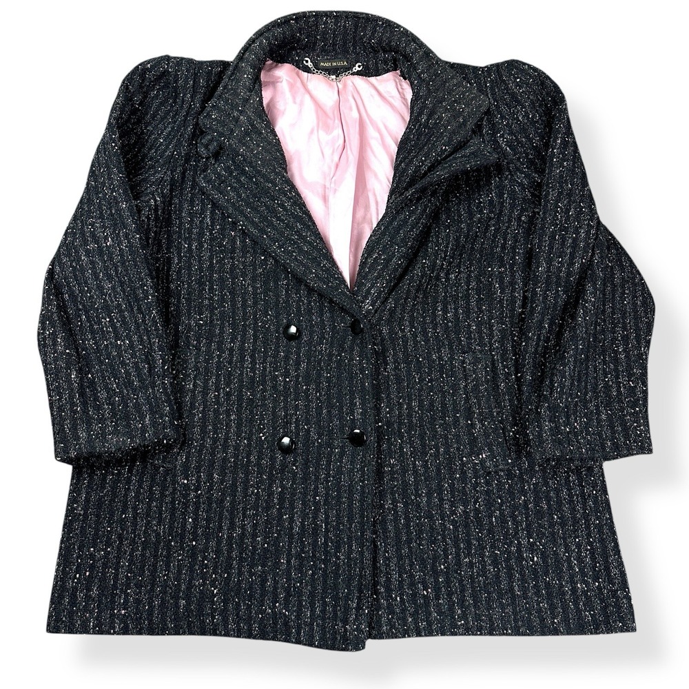 VTG Women's Large Black Tweed Wool Double-Breasted Peacoat Pink‎ Lining USA
